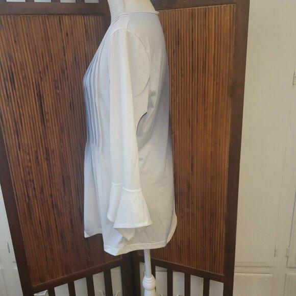 Womens XL White Blue Button Neck Pullover Stretch 3/4 Flair Sleeve Blouse Unworn - Picture 11 of 13
